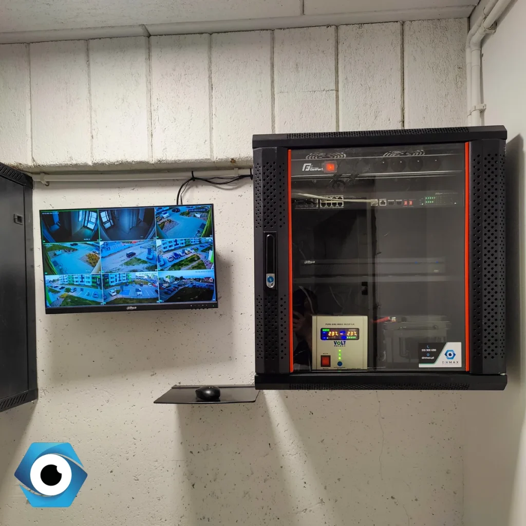 Szafa RACK z monitorem do obsługi monitoringu w pomieszczeniu teletechnicznym bloku.
