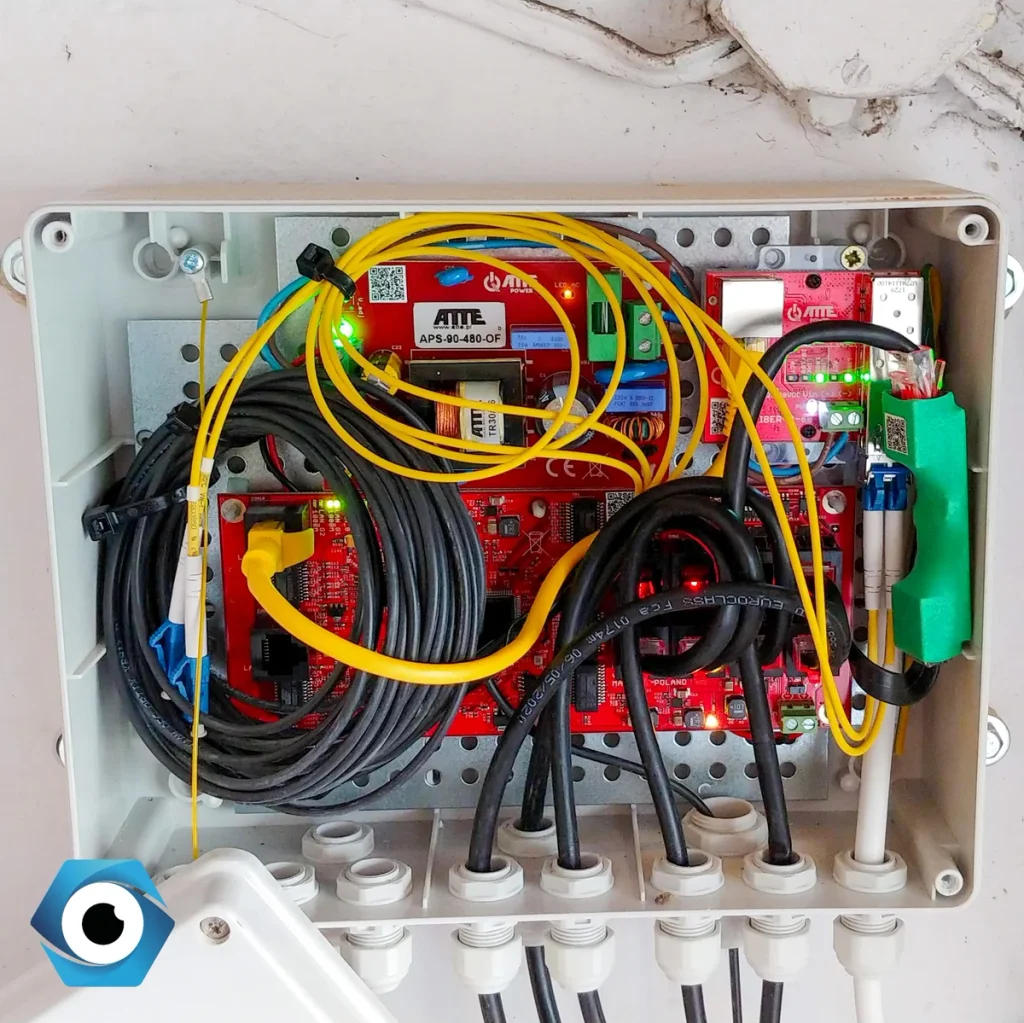 Wnętrze otwartej, szarej obudowy instalacyjnej z profesjonalnym modułem zasilającym i konwerterem światłowodowym ATTE Power (APS-90-480-OF), stanowiącym serce systemu monitoringu gospodarstwa rolnego. Widoczne złożone pętle żółtych kabli światłowodowych, duże zwoje czarnego kabla i aktywne diody LED sygnalizujące status zasilania i komunikacji.